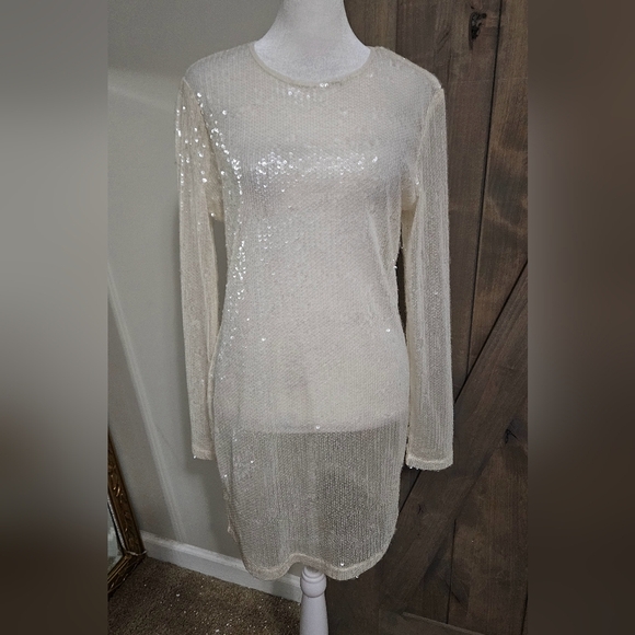 NASTY GAL Sheer Sequin Detail Long Sleeve Mini Shift Dress Off White.Size 4 NWT - Picture 5 of 15